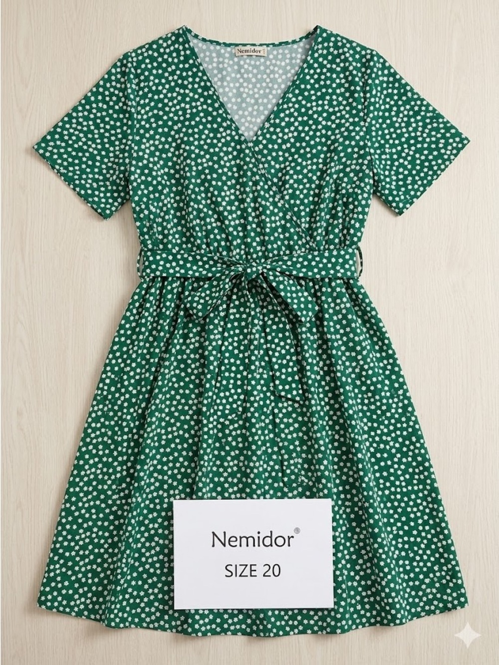 Nemidor Women’s Plus Size 20 Green Floral Faux Wrap Midi Dress w/ Snap Closure